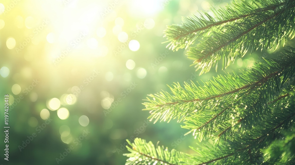 Poster lush green pine tree canopy with soft sunlight illuminating the leaves and bokeh background creating