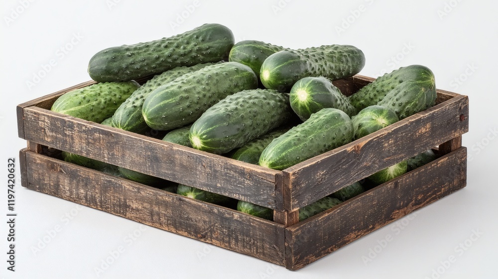 Poster Isolated on white background a cluster of cucumbers neatly arranged in a wooden crate Stock Photo with side copy space