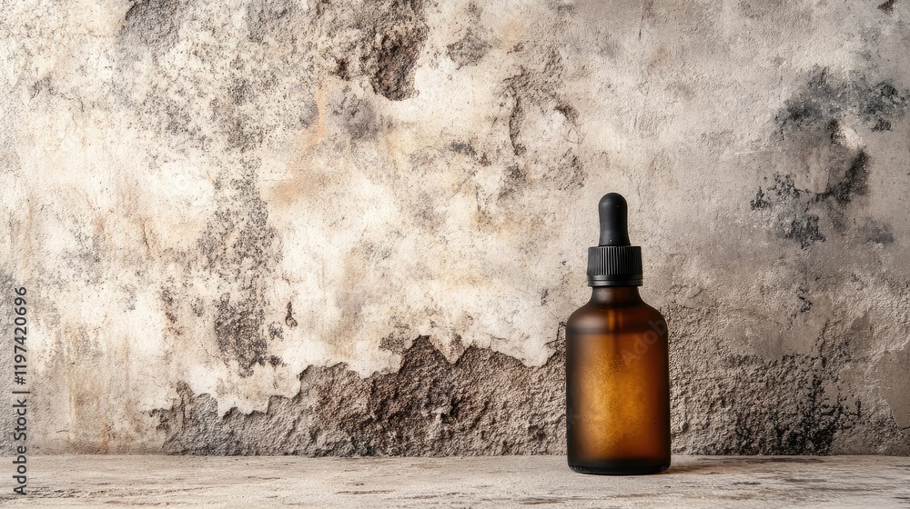 Poster elegant amber glass skincare bottle on aged plaster wall with textured grey tones and ample empty sp