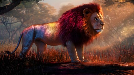 Majestic Lion with Glowing Mane at Sunset
