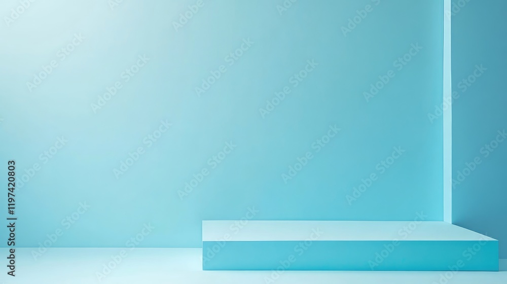 Poster serene glacial blue interior setting with minimalistic platform and expansive copyspace for text pla