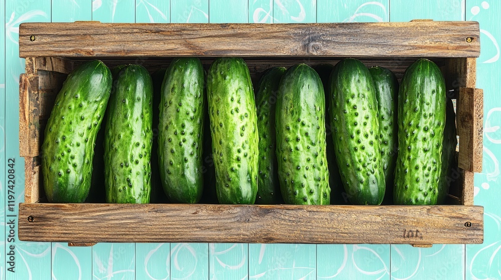 Poster Isolated on white background a cluster of cucumbers neatly arranged in a wooden crate Stock Photo with side copy space
