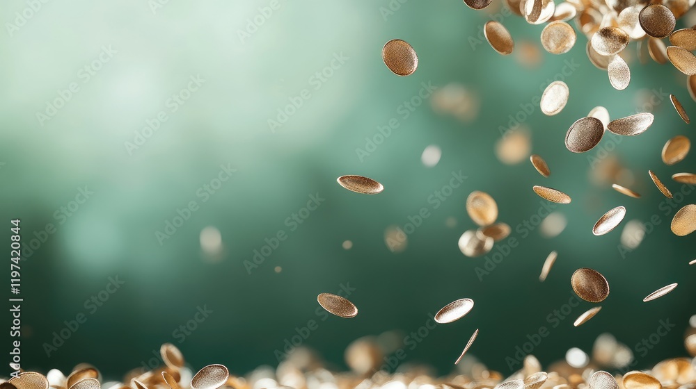Aufkleber falling gold confetti on a soft green background with ample empty space for text placement creating 
