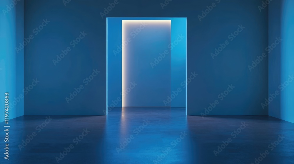 Poster modern aesthetic workspace interior with soft blue lighting and minimalist navigation ui element for