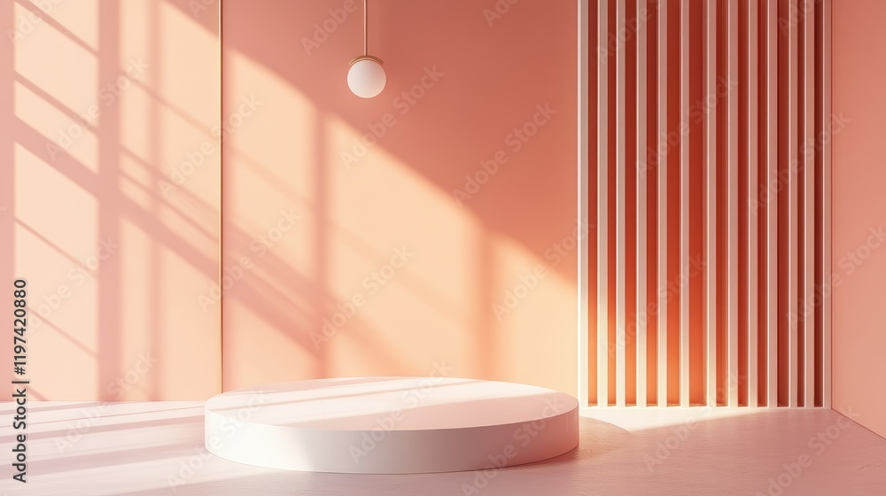 Poster aesthetic workspace interior with soft coral and light beige decor featuring round display platform 