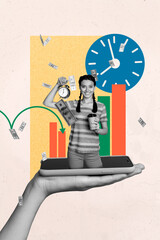 Trend artwork template design 3D collage sketch of hand hold smartphone young lady drink coffee clock deadline job entrepreneur trader