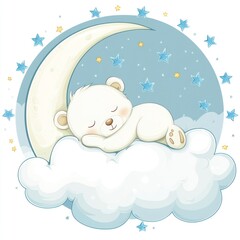 Sleeping bear on cloud, moon and stars background. For children's art, baby products use