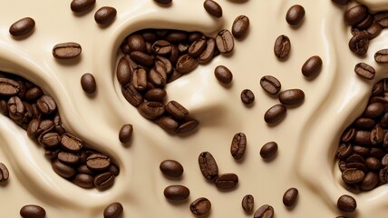 coffee beans background, coffee beans in cream are added to lattes and cappuccinos