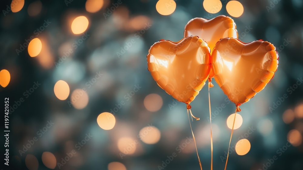 Poster bright orange heart-shaped balloons floating amidst soft bokeh lights in a dreamy atmosphere with am