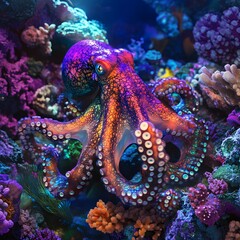 Neon Octopus Surrounded by Colorful Coral Reef