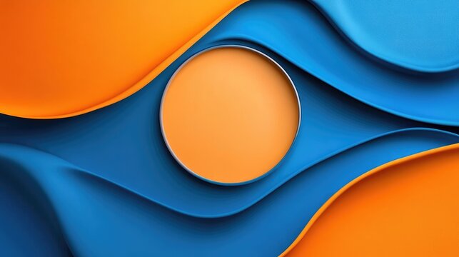 Luxury abstract panel banner featuring a vibrant orange and blue wavy background with a central circular logo space and ample copy space for text placement.