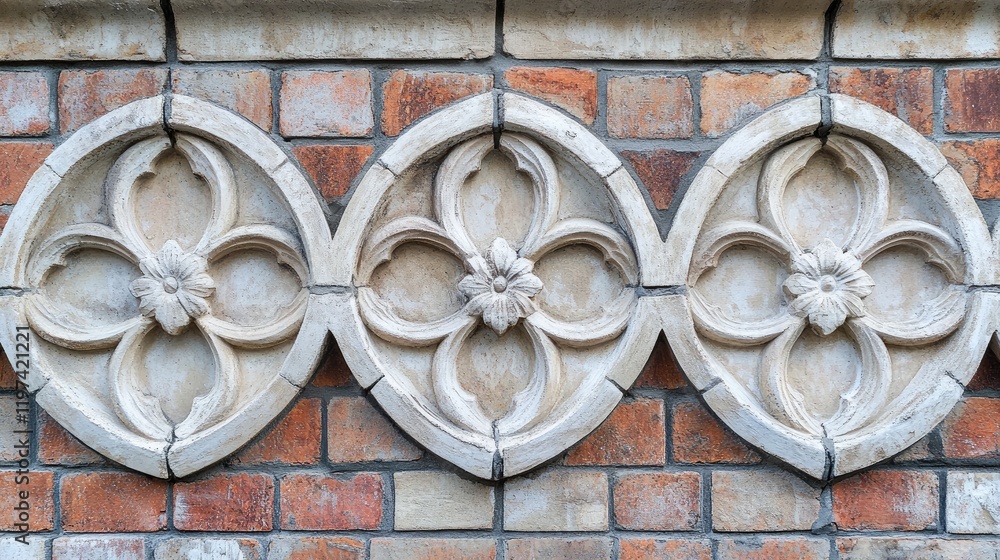 Aufkleber textured red and brown brick wall featuring detailed stone floral patterns with empty space for text
