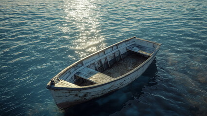 Fototapeta premium Empty wooden boat in the middle of the calm sea, bright sunny day