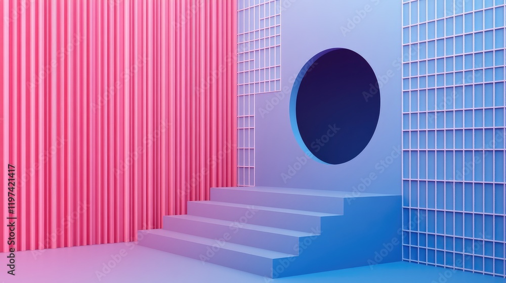 Poster pink and blue geometric minimalist studio background featuring circular cutout and stairs for text o