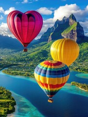 Fototapeta premium Hot air balloons floating over a scenic lake surrounded by mountains, symbolizing adventure, travel, and leisure, perfect for tourism or vacation posters..