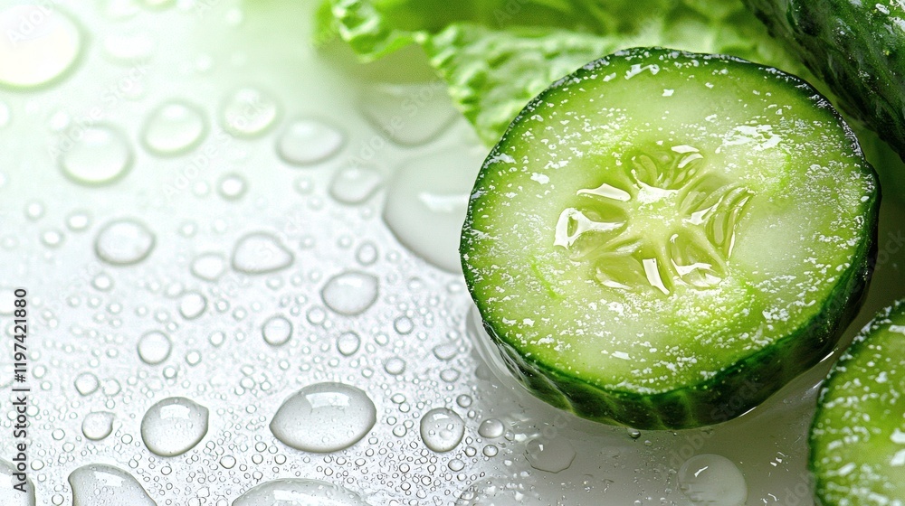 Poster Isolated on white background a single cucumber with water droplets highlighting its freshness Stock Photo with side copy space
