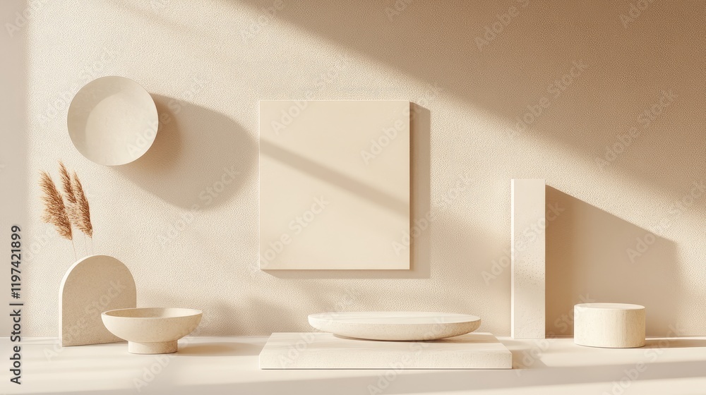 Poster elegant beige wall display featuring aesthetic signage mockups in diverse shapes with natural shadow