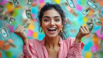 Celebrating financial success urban environment portrait joyful mood