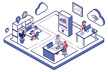 Fototapeta premium Isometric office workspace, digital collaboration, floating social media icons, blue and white color scheme, miniature people working, connected platforms, futuristic workspace design, 3D illustration