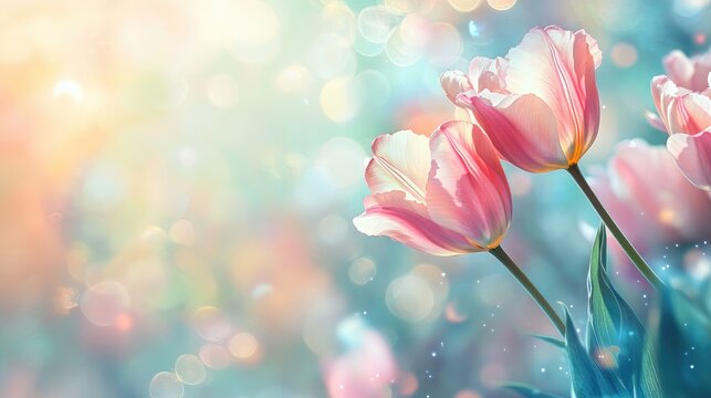 Elegant spring floral composition featuring pink tulips with sunlight and soft pastel bokeh background, ideal for special celebrations and text placement.