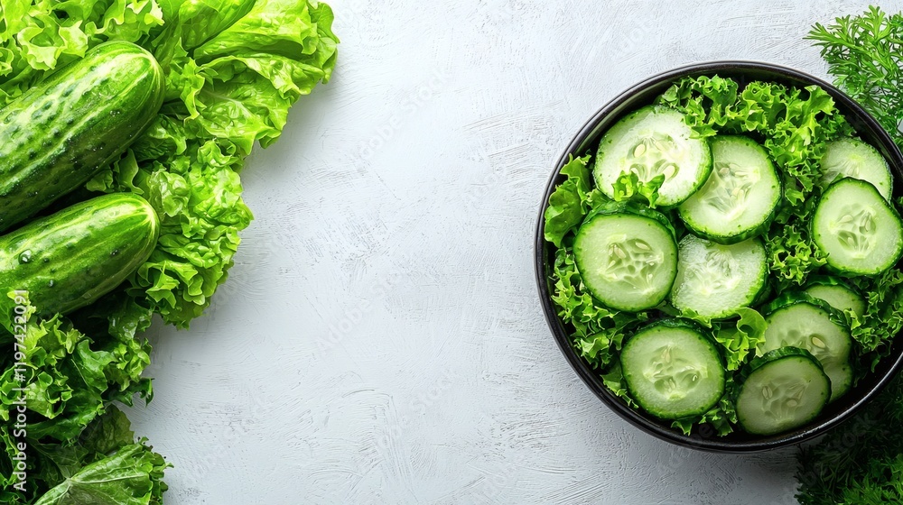 Aufkleber Isolated on white background a bowl of cucumbers including whole and sliced pieces for a balanced composition Stock Photo with side copy space