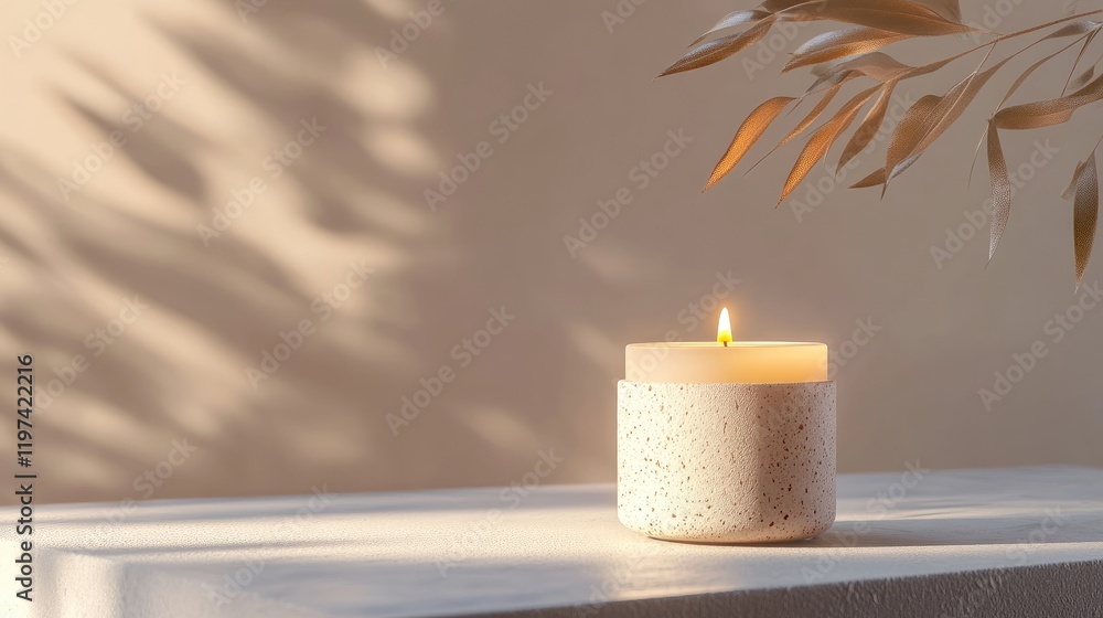 Poster tranquil spa ambiance featuring a softly glowing candle on a minimalist white table with gentle shad