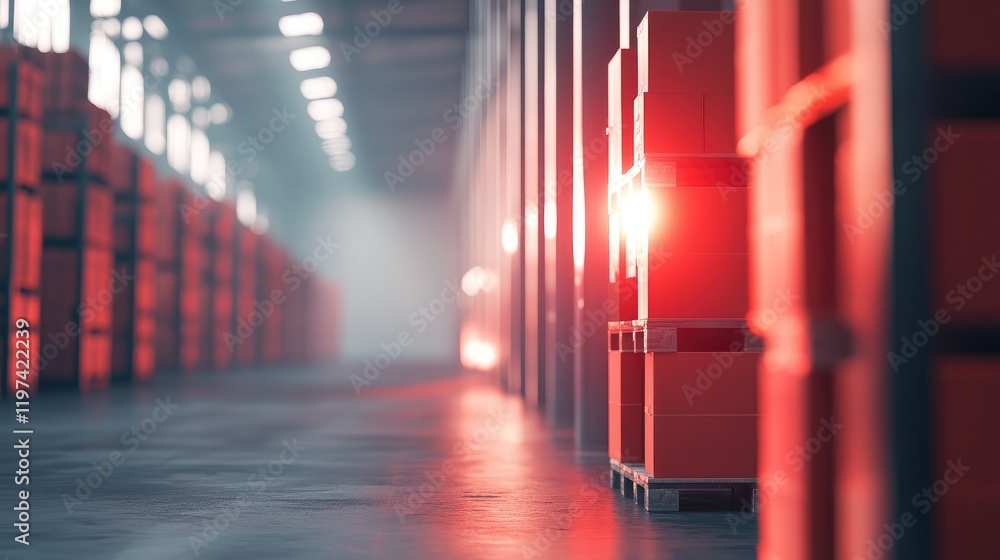 Poster aesthetic logistics warehouse with red pallets in diminished perspective and soft lighting for text 