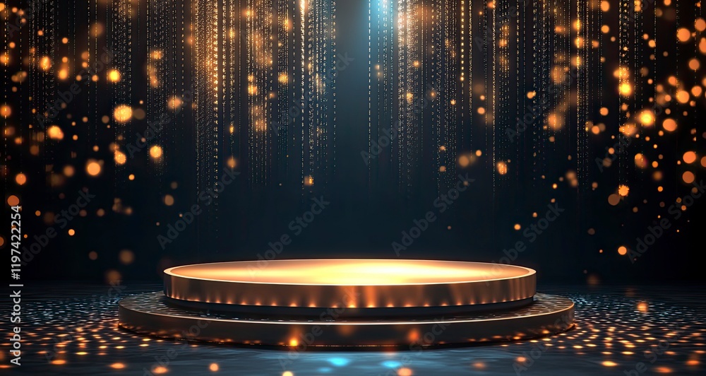 Poster abstract empty stage with golden light and podium for product presentation on a black background, ve