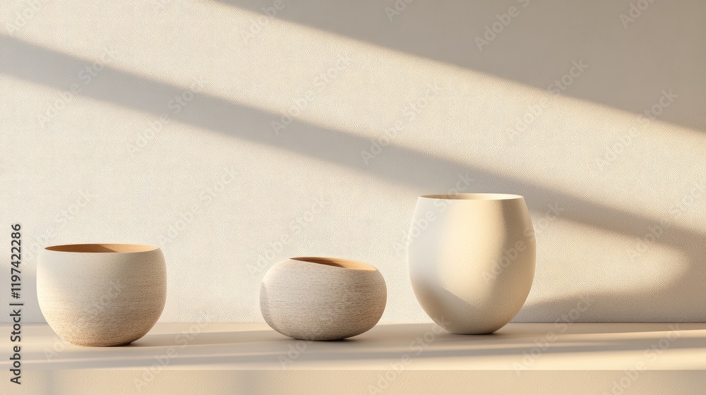 Poster minimalist aesthetic ceramic vessels in soft natural light on beige background with empty copy space