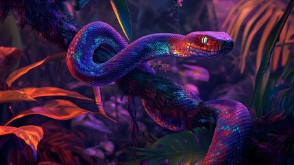 Neon-Colored Snake Coiled on a Tree Branch