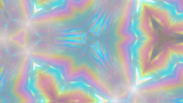 Dreamlike kaleidoscope of pastel rainbow light patterns with glowing highlights perfect for ethereal visuals, creative projects, and serene decorative themes
