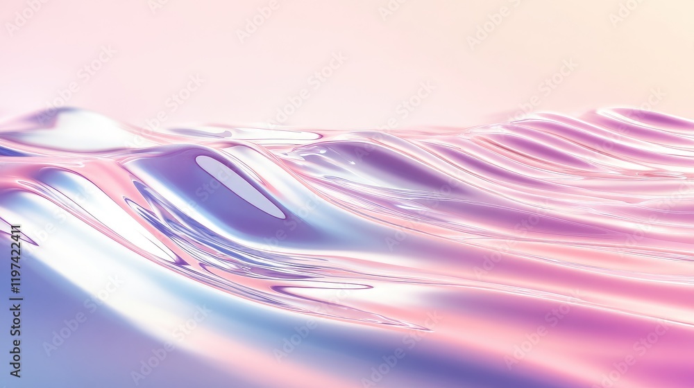 Poster pastel-colored wavy surface with a water droplet reflecting soft light, ideal for text placement, cr