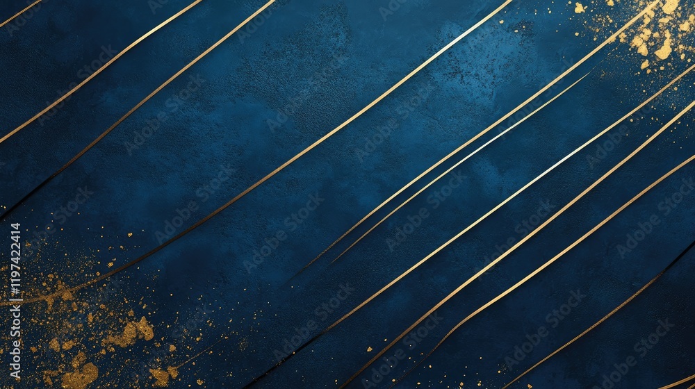 Poster elegant abstract wallpaper with shimmering gold lines on a deep blue textured background, ideal for 