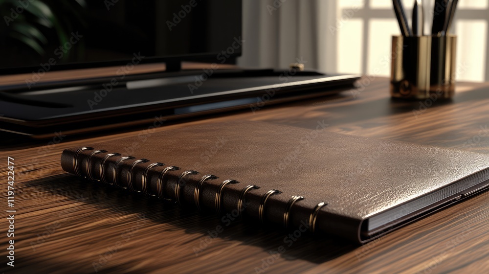 Poster elegant brown spiral notebook on polished wooden desk with warm natural light and empty space for cu