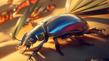 Iridescent Beetle on a Leaf with Vibrant Lighting