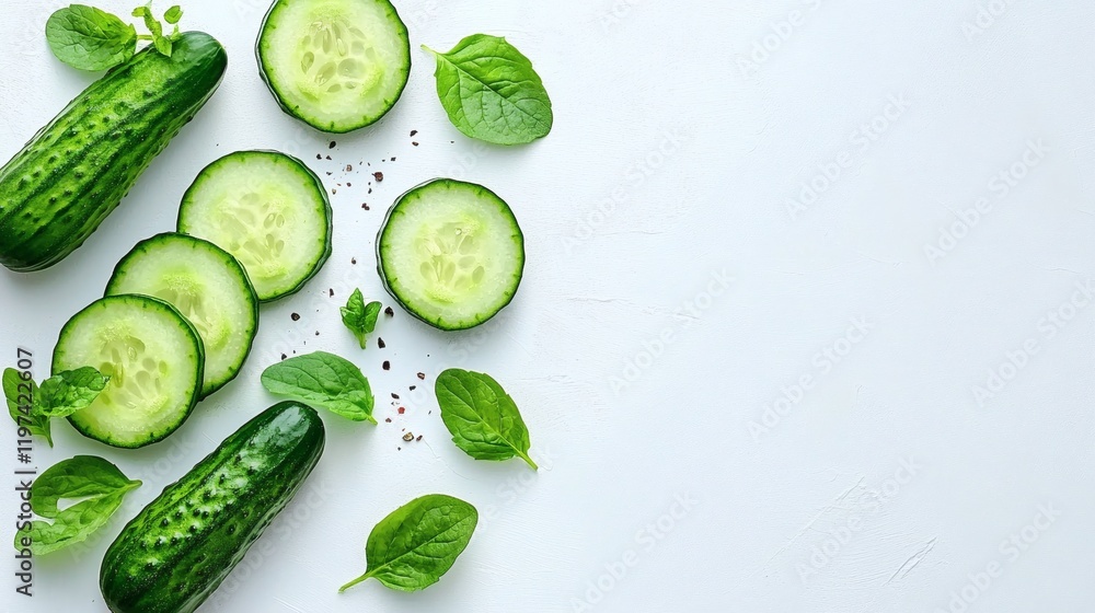 Aufkleber Isolated on white background a long cucumber cut into slices displayed in a linear arrangement Stock Photo with side copy space