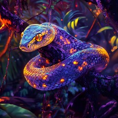 Neon-Colored Snake Coiled on a Tree Branch