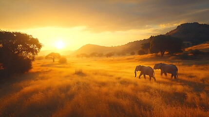 Fototapeta premium Elephants walking at sunset serengeti wildlife photography natural landscape