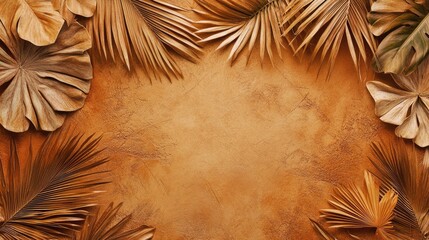 Fototapeta premium Earth-toned textured background featuring lush dried palm leaves framing an empty center ideal for text placement in a tropical aesthetic setting.