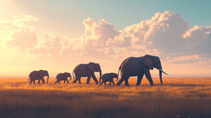 Fototapeta premium A family of elephants walking in a line across the African savanna, with a baby elephant holding its mother's tail, flock of animals, modern style
