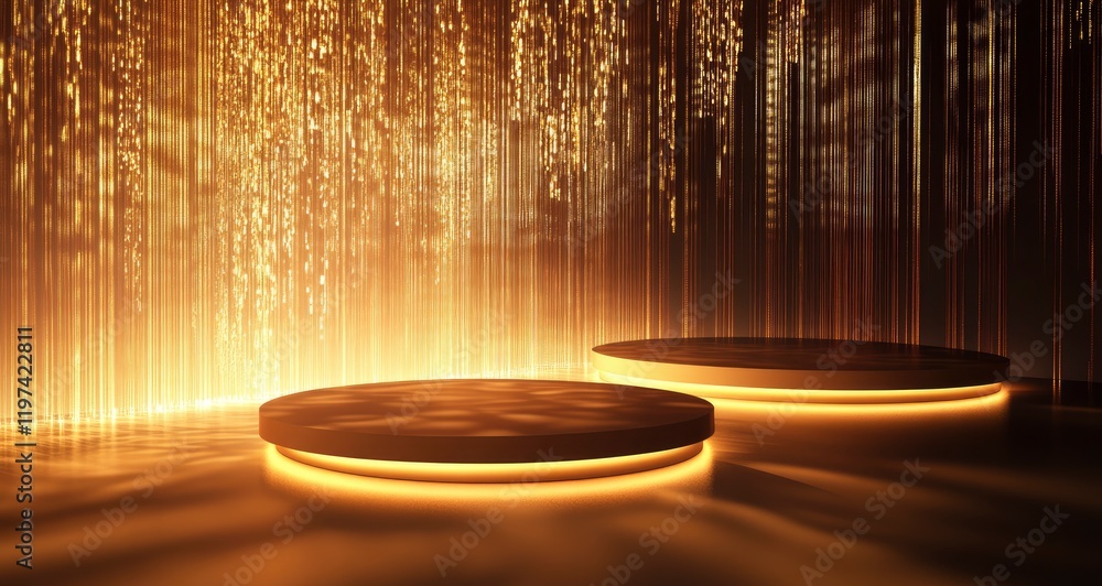 Poster abstract empty stage with golden light and podium for product presentation on a black background, ve