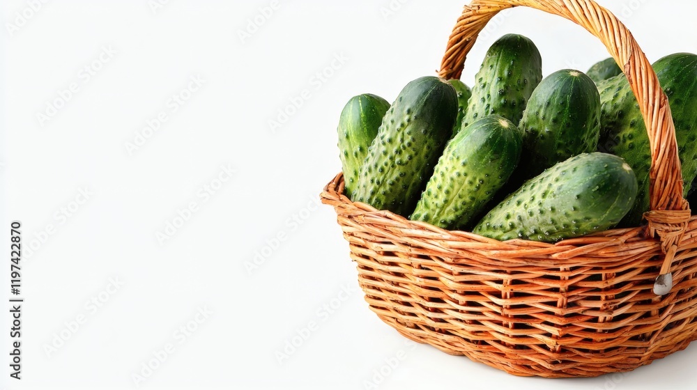 Aufkleber Isolated on white background a collection of cucumbers in a wicker basket creating a rustic presentation Stock Photo with side copy space