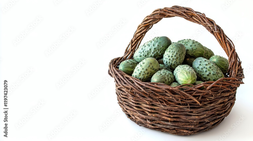 Aufkleber Isolated on white background a collection of cucumbers in a wicker basket creating a rustic presentation Stock Photo with side copy space