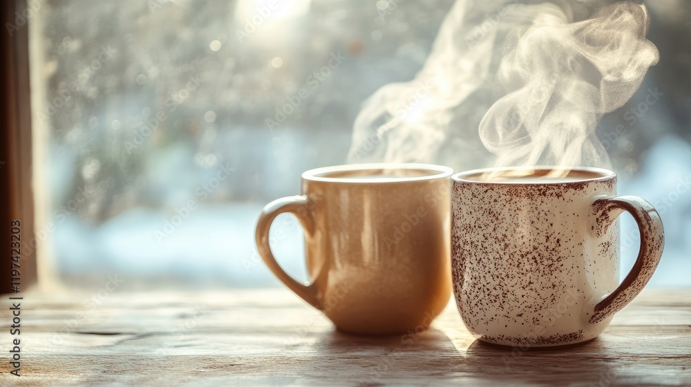 Poster Warm Embrace with Two Steaming Coffee Cups on Rustic Wooden Table at Sunlit Window Featuring Soft Background and Copyspace for Text