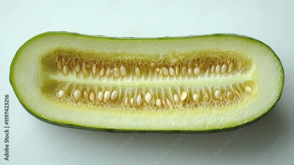 Poster isolated on white background a single cucumber cut lengthwise revealing its crisp and textured inter