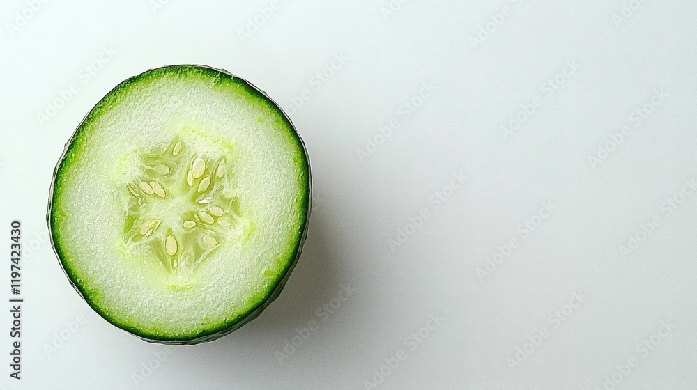 Poster Isolated on white background a single cucumber cut lengthwise revealing its crisp and textured interior Stock Photo with side copy space