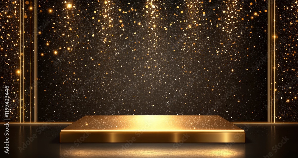 Poster abstract empty stage with golden light and podium for product presentation on a black background, ve