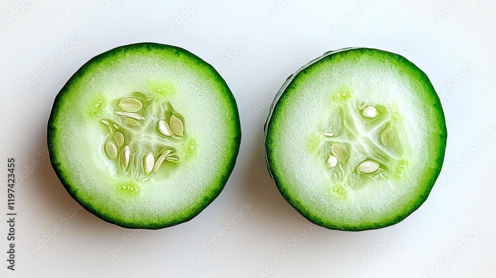 Poster isolated on white background a single cucumber cut lengthwise revealing its crisp and textured inter