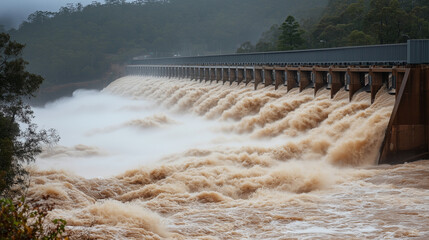 A powerful shot of water being released through dam gates during peak operation, hydroelectric power station, photo style