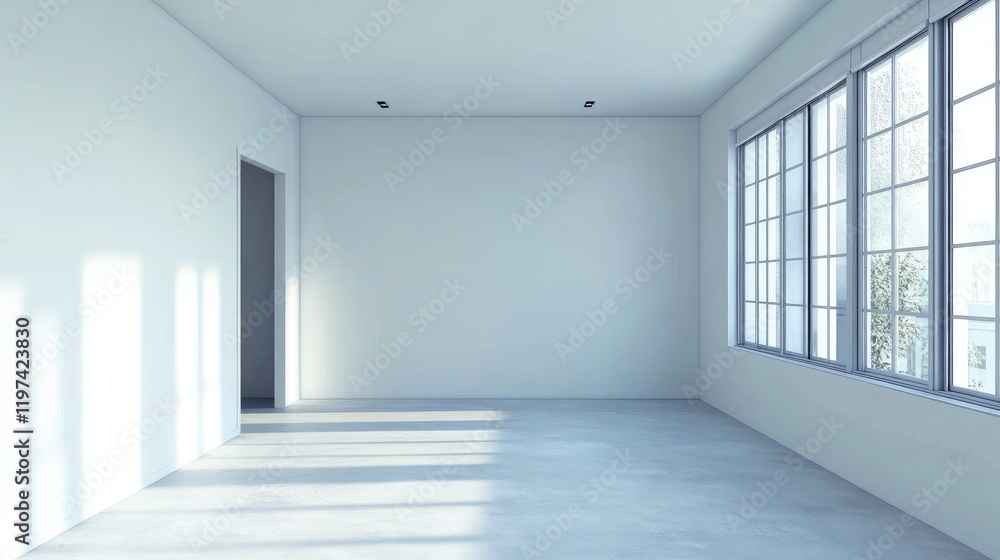 Poster Bright and airy modern studio apartment interior featuring minimalist design with white walls and large windows creating natural light and empty space for text.